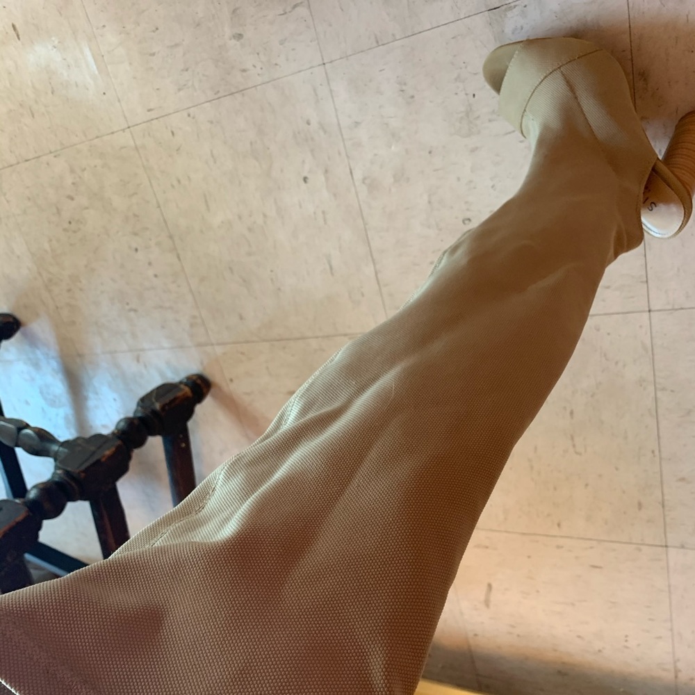 Tan nude block heel thigh high peep toe wooden